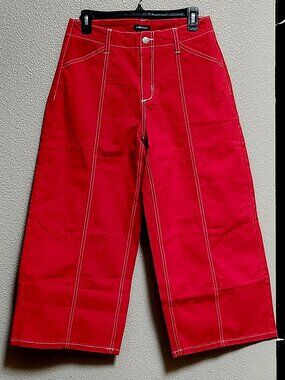 FLAMINGALS Mid Rise Cropped Wide Leg Contrast Stitch Red Pants - Medium - NWT